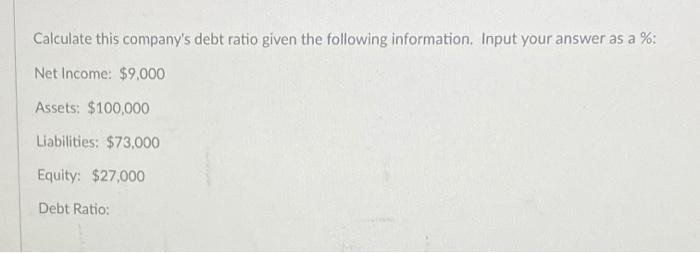 Solved Calculate this company's debt ratio given the | Chegg.com