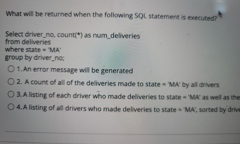 Solved What will be returned when the following SQL | Chegg.com