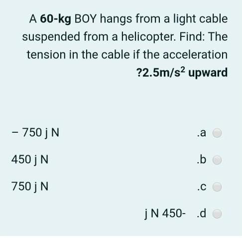 A 60 Kg Boy Hangs From A Light Cable Suspended From A Chegg Com