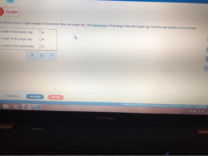 Solved Try Again the shorter leg of a right triangle is 9 m | Chegg.com