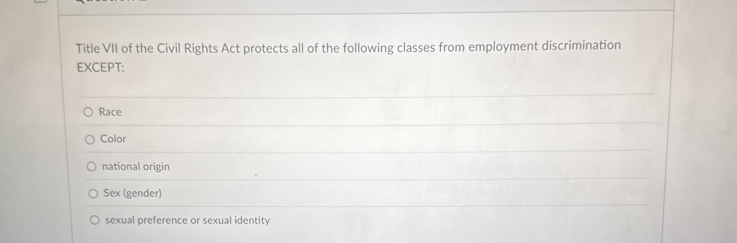 Title VII of the Civil Rights Act protects all of the | Chegg.com