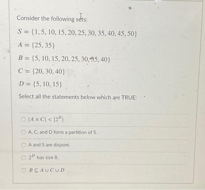 Solved Consider the following sets: sets: S = {1,5, 10, 15, | Chegg.com