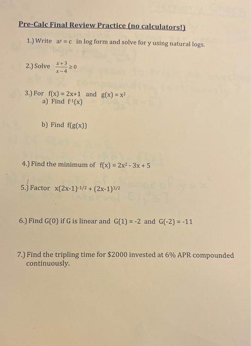 Solved Pre-Calc Final Review Practice (no Calculators!) 1.) | Chegg.com