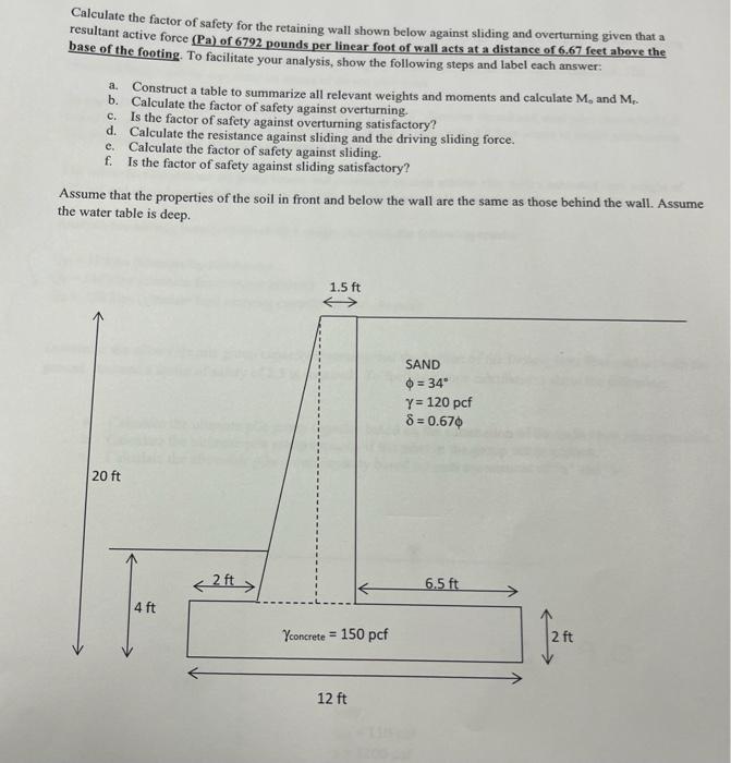 Solved Calculate the factor of safety for the retaining wall | Chegg.com