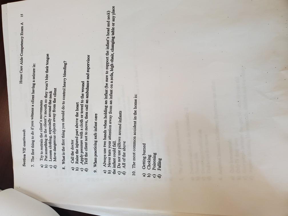 Home Care Aide Competency Exam A 2 Section I