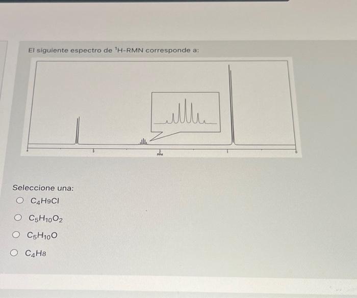 El siguiente espectro de H-RMN corresponde a: Lille Seleccione una: O C4H9CI O C5H1002 O C5H100 O C4H8