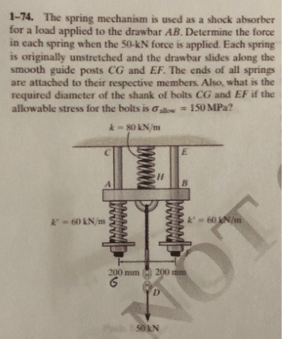 1-74. The spring mechanism is used as a shock absorber for a load applied to the drawbar \( A B \). Determine the force in ea