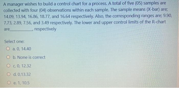 Solved A manager wishes to build a control chart for a | Chegg.com