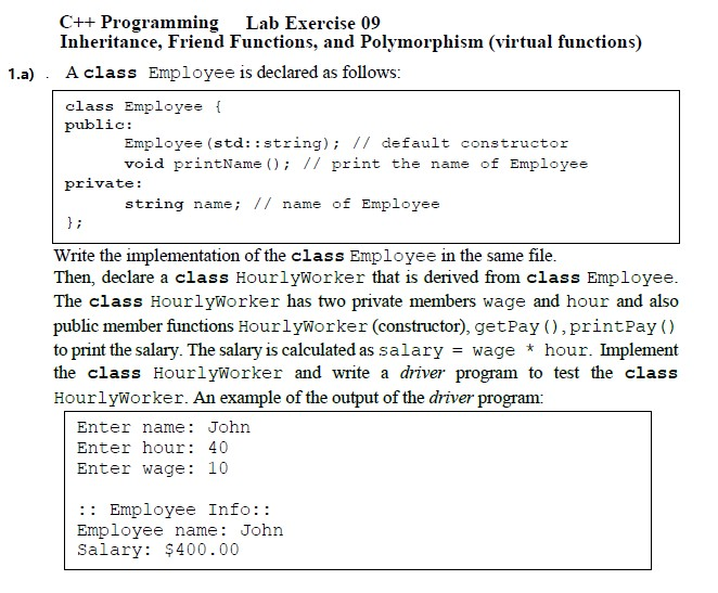 Solved 1.a) C++ Programming Lab Exercise 09 Inheritance, | Chegg.com