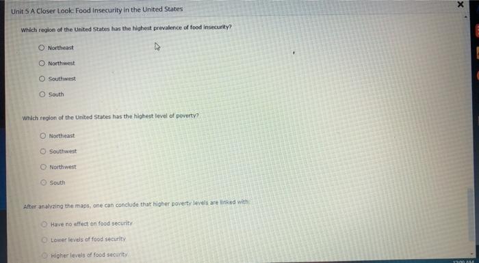 Х Unit 5 A Closer Look Food Insecurity in the United States Which region of the United States has the highest prevalence of f