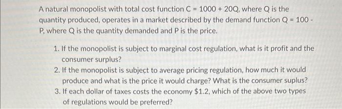 Solved A Natural Monopolist With Total Cost Function | Chegg.com