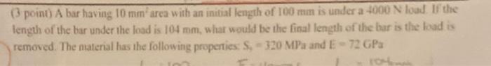 Solved (3 point) A bar having 10 mm2 area with an initial | Chegg.com