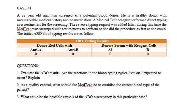 CASE #1 A 28 year old man was screened as a potential blood donor. He is a healthy donor with unremarkable medical history an