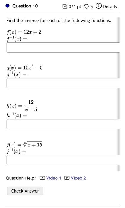 Find the inverse for each of the following functions. | Chegg.com