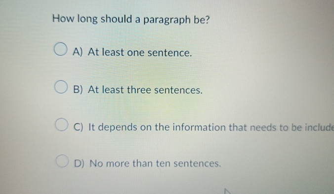 Solved How long should a paragraph be?A) ﻿At least one | Chegg.com