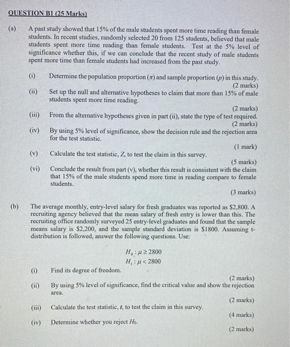 Solved QUESTION B1 (25 Marks) (a) A Past Study Showed That | Chegg.com