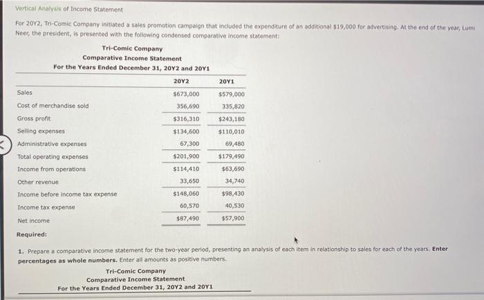 Solved Vertical Analysis of Income Statement For 20Y2, | Chegg.com