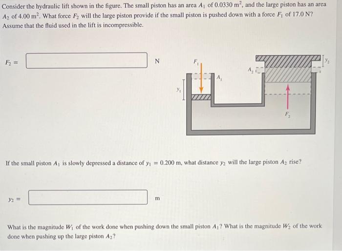 Consider the hydraulic lift shown in the figure. The small piston has an area \( A_{1} \) of \( 0.0330 \mathrm{~m}^{2} \), an