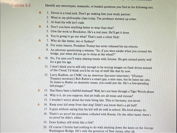 Exercise 5-3 Identify any stereotypes, innuendo, or | Chegg.com