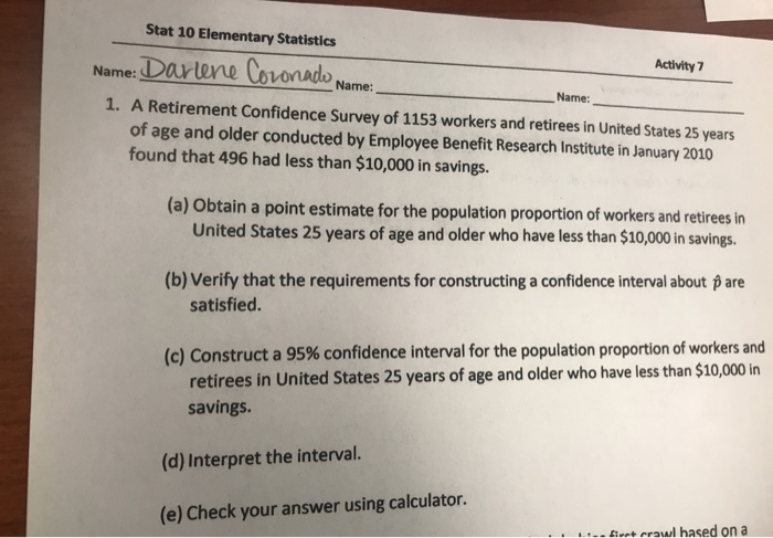 Stat 10 Work Solved Stat 10 Elementary Statistics Activity 7 Name: | Chegg.com