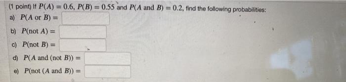 Solved (1 Point) If P(A) = 0.6, P(B) = 0.55 And P(A And B) = | Chegg.com