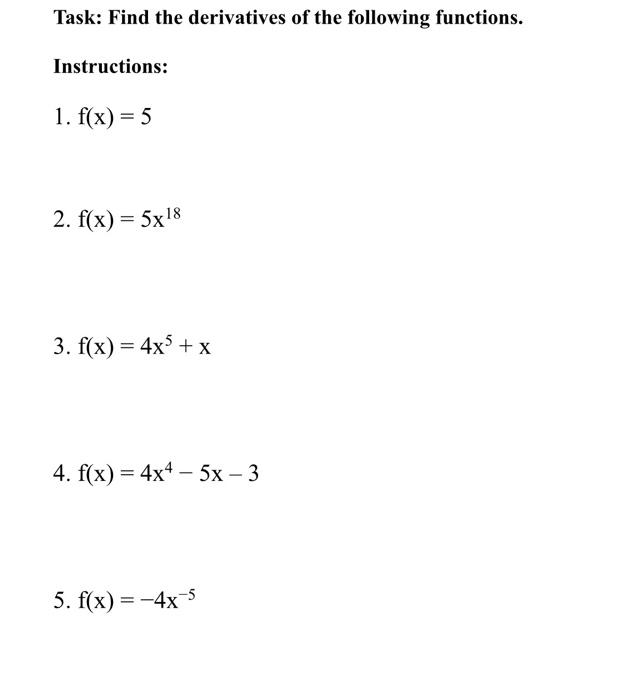 Solved Task: Find the derivatives of the following | Chegg.com