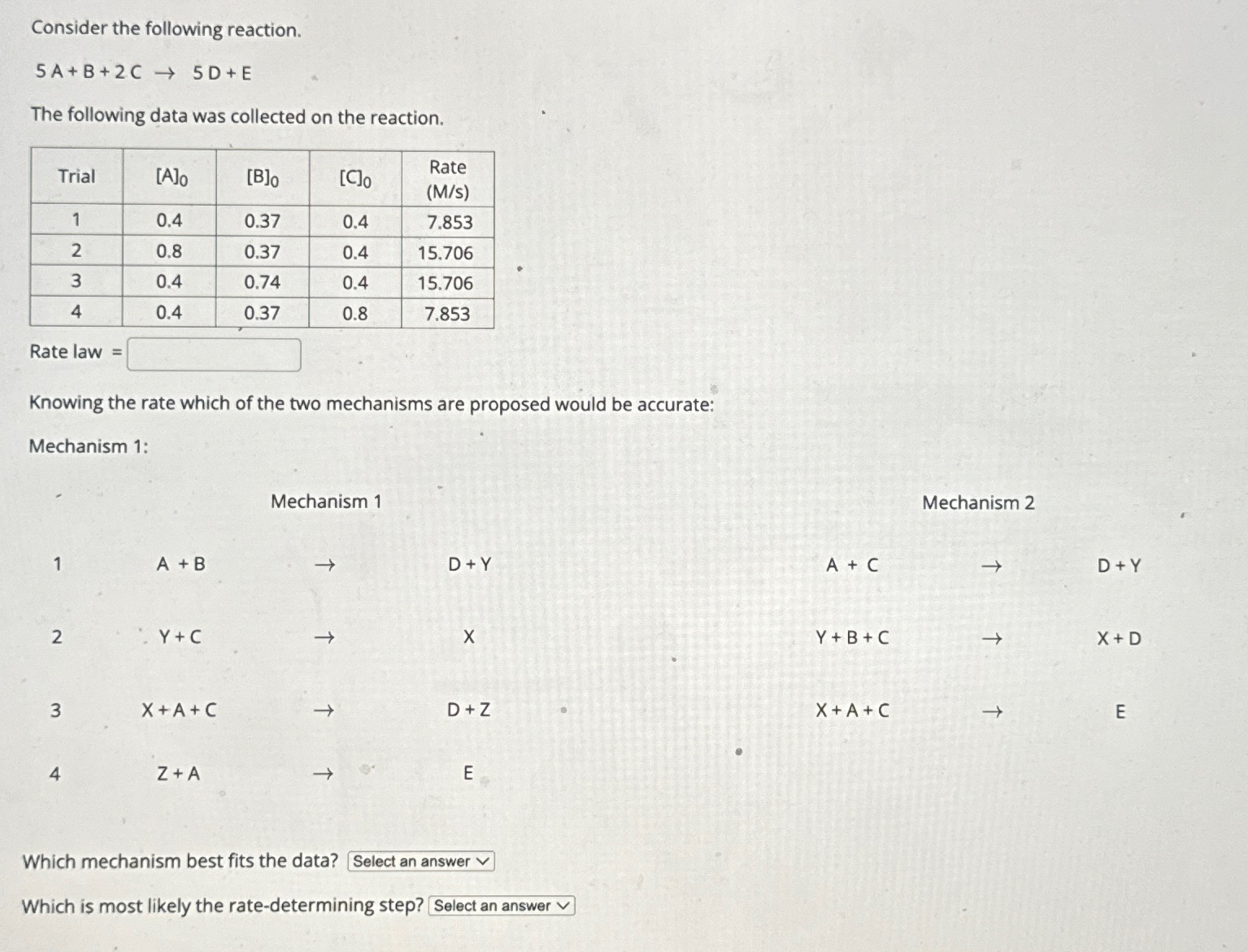 Solved Consider the following reaction.5A+B+2C→5D+EThe | Chegg.com