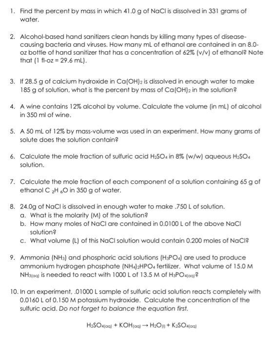 Solved 1 Find The Percent By Mass In Which 41 0 G Of Nac Chegg Com