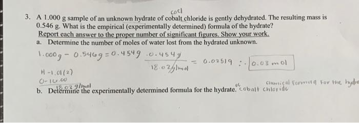 Solved cocl 3. A 1.000 g sample of an unknown hydrate of | Chegg.com