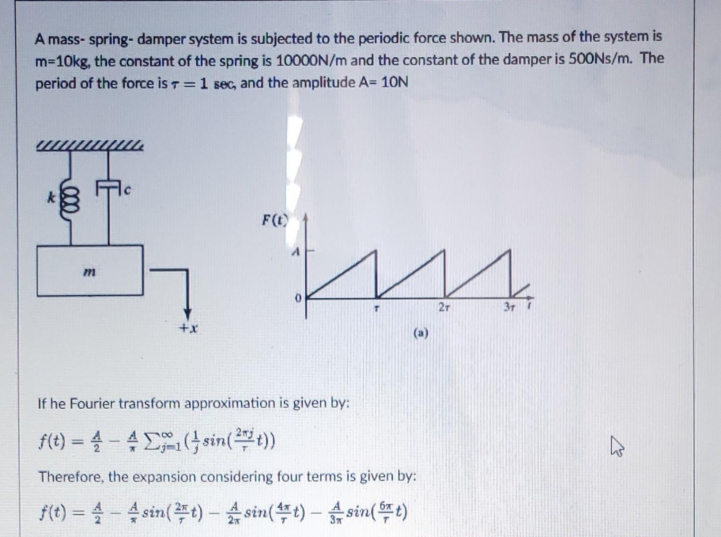 A mass-spring-damper system is subjected to the periodic force shown. The mass of the system is
m=10kg, the constant of the s