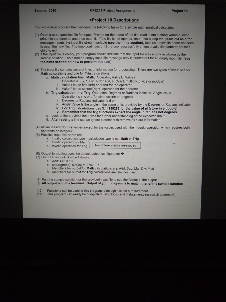 Summer 2020 CPE211 Project Assignment Project 10 | Chegg.com