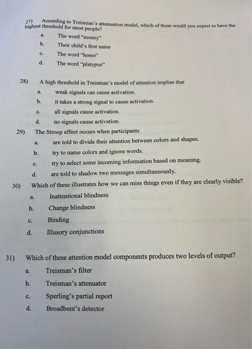 Solved 27) A. According to Treisman's attenuation model, | Chegg.com