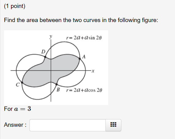 Solved (1 ﻿point)Find the area between the two curves in the | Chegg.com