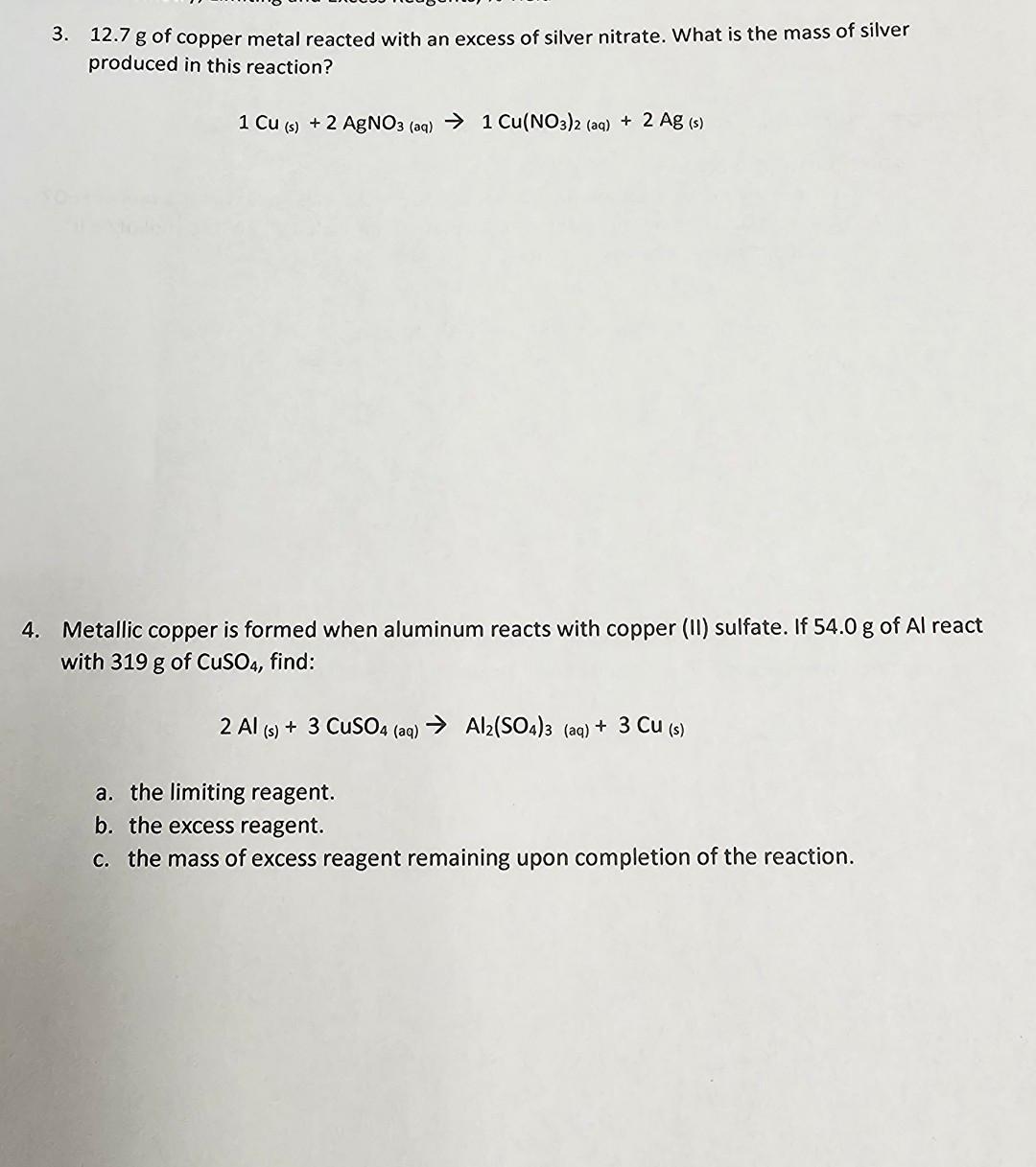 Solved 3 127 G Of Copper Metal Reacted With An Excess Of 9556