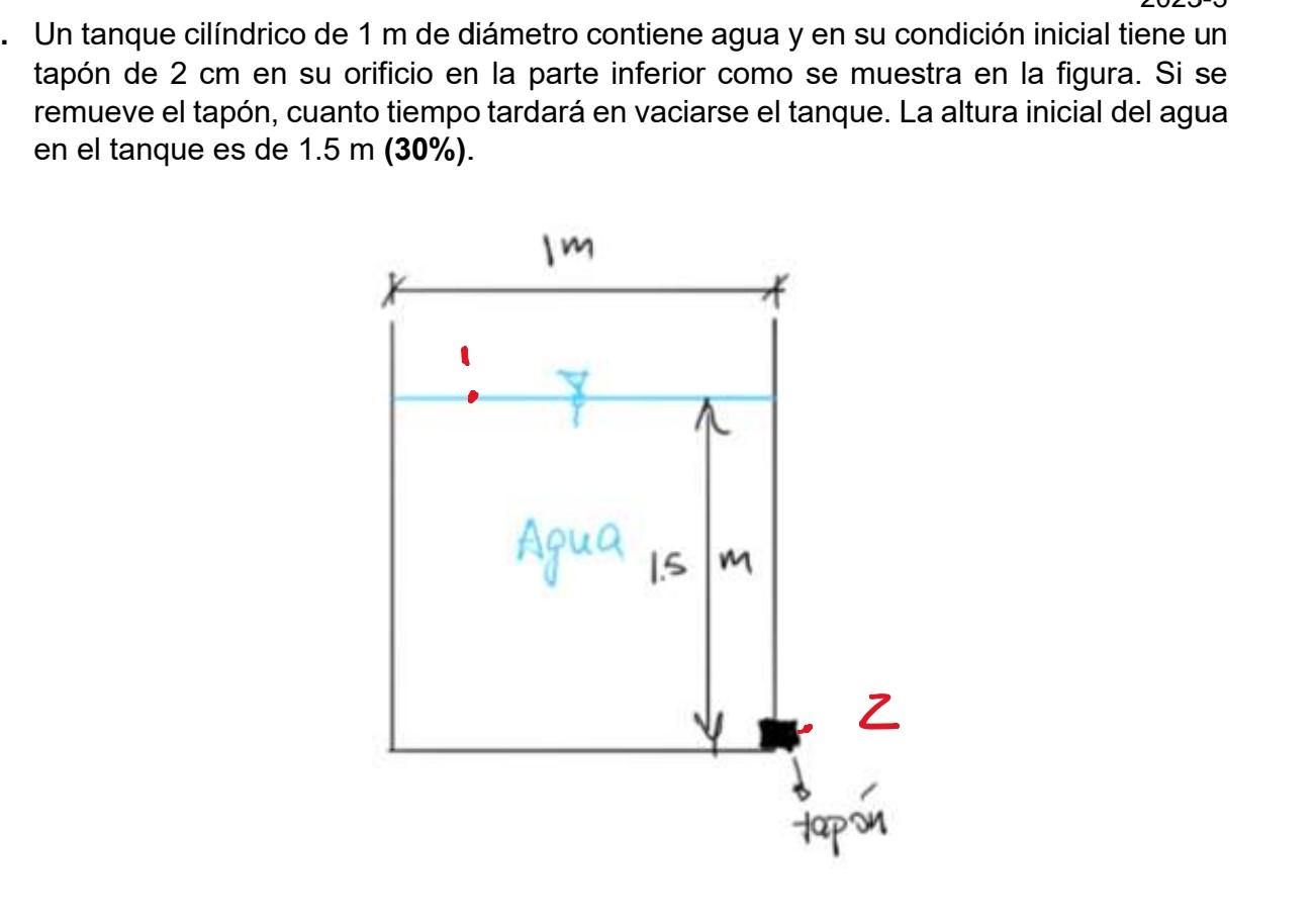 Un tanque cilíndrico de \( 1 \mathrm{~m} \) de diámetro contiene agua y en su condición inicial tiene un tapón de \( 2 \mathr