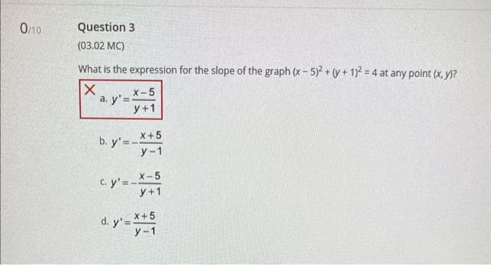 What is the expression for the slope of the graph \( (x-5)^{2}+(y+1)^{2}=4 \) at any point \( (x, y) \) ? a. \( y^{\prime}=\f