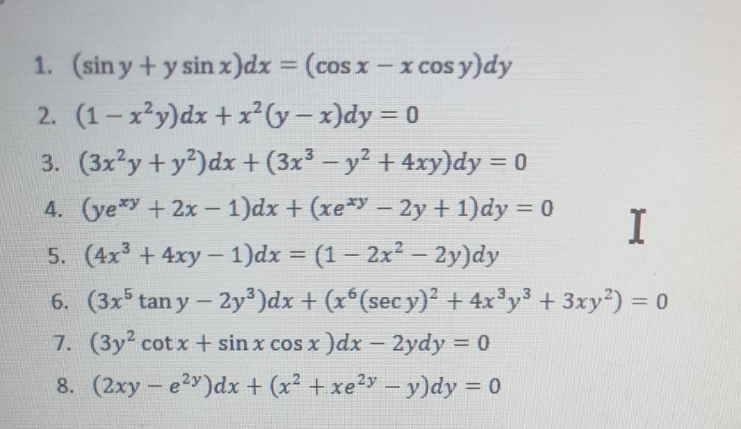 Solved 1 Sin Y Y Sin X Dx Cos X X Cos Y Dy 2 1 Chegg Com