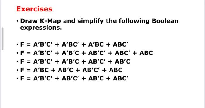 Solved Exercises • Draw K-Map and simplify the following | Chegg.com