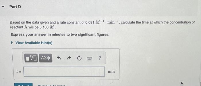 Solved Based on the data given and a rate constant of | Chegg.com