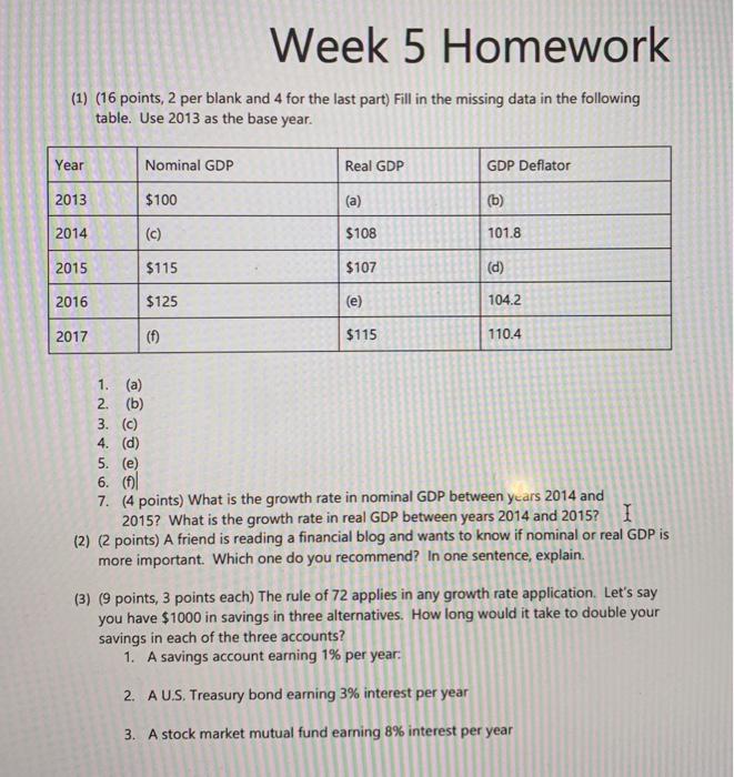 Solved Week 5 Homework (1) (16 points, 2 per blank and 4 for | Chegg.com