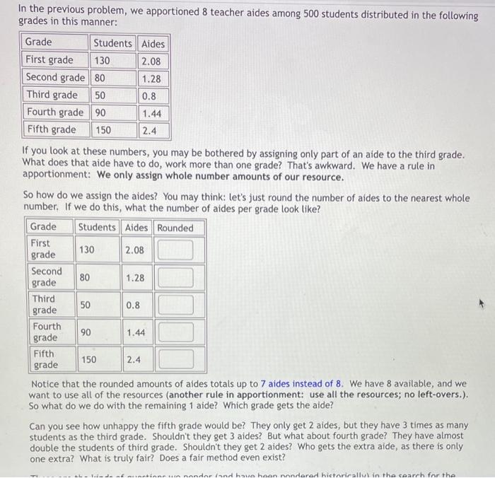 Solved In the previous problem, we apportioned 8 teacher | Chegg.com