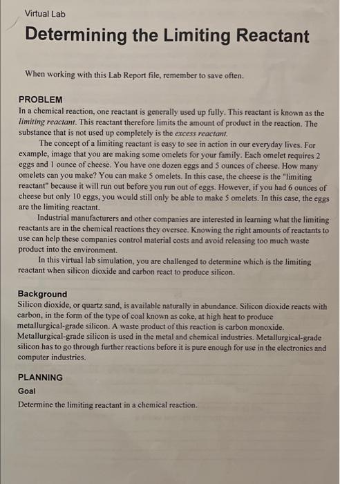 Solved Virtual Lab Determining the Limiting Reactant When | Chegg.com