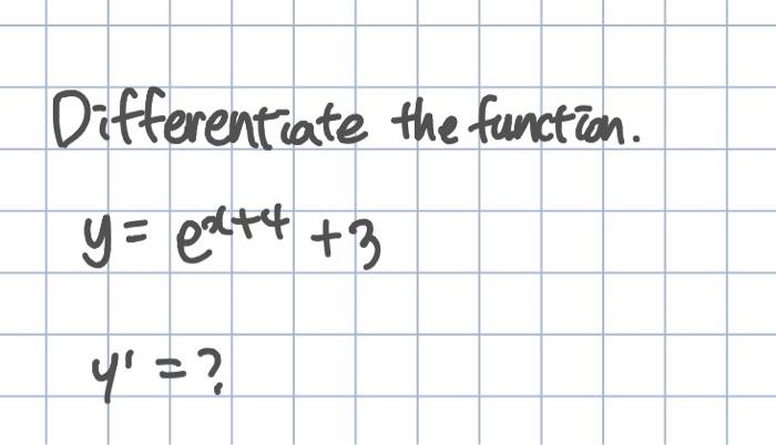Solved Differentiate the function. y= eac+4 +3 4' = ? | Chegg.com