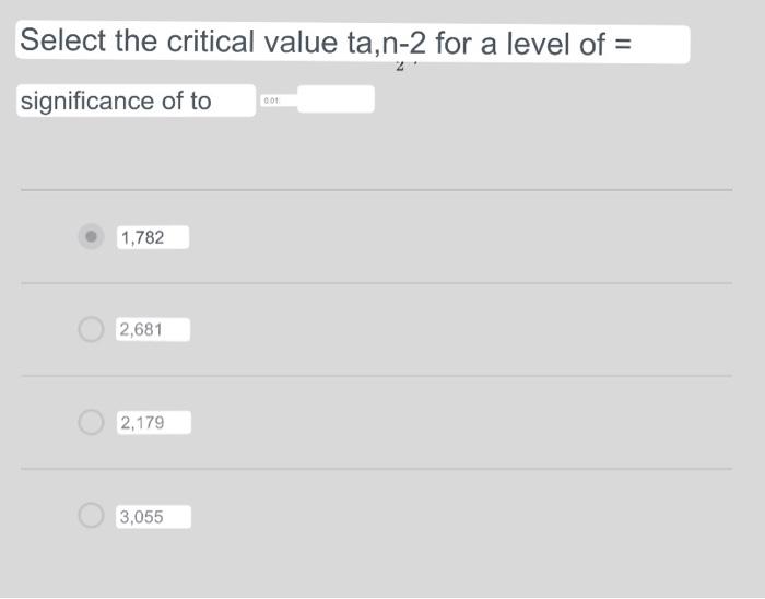 Select the critical value ta,n-2 for a level of 0:01: significance of to 1,782 2,681 2,179 3,055