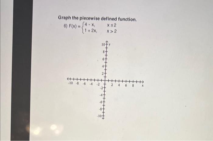 Graph the piecewise defined function.
6) \( F(x)=\left\{\begin{array}{ll}4-x_{1}, & x \leq 2 \\ 1+2 x_{1} & x>2\end{array}\ri