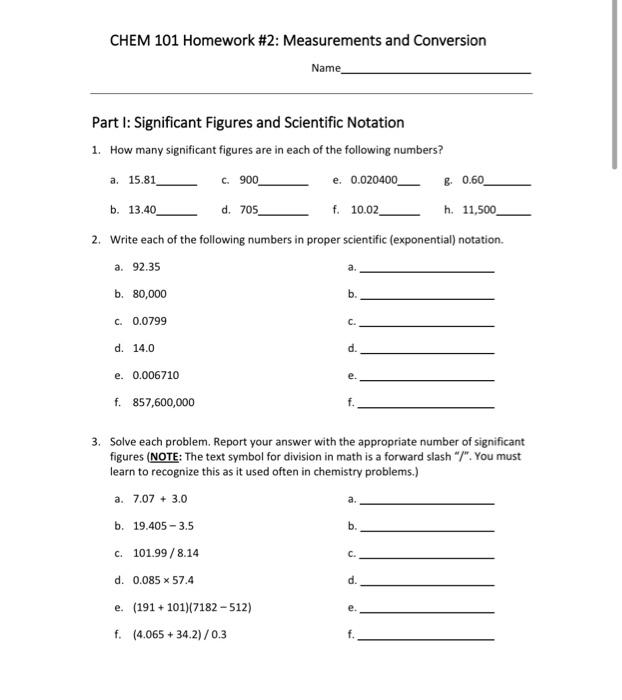 Solved CHEM 101 Homework #2: Measurements and Conversion | Chegg.com