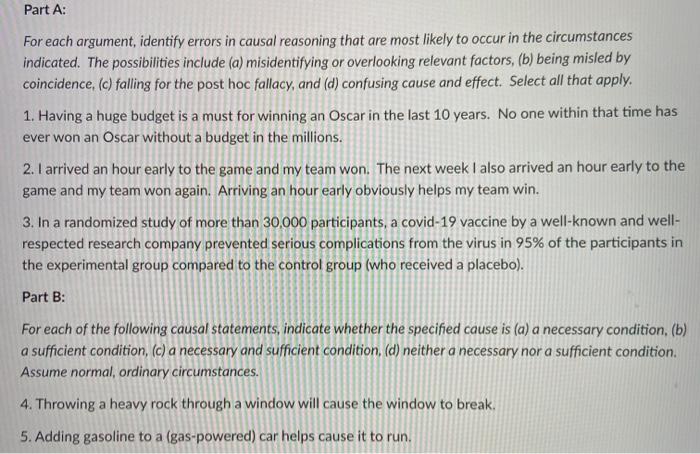 Part A: For Each Argument, Identify Errors In Causal | Chegg.com