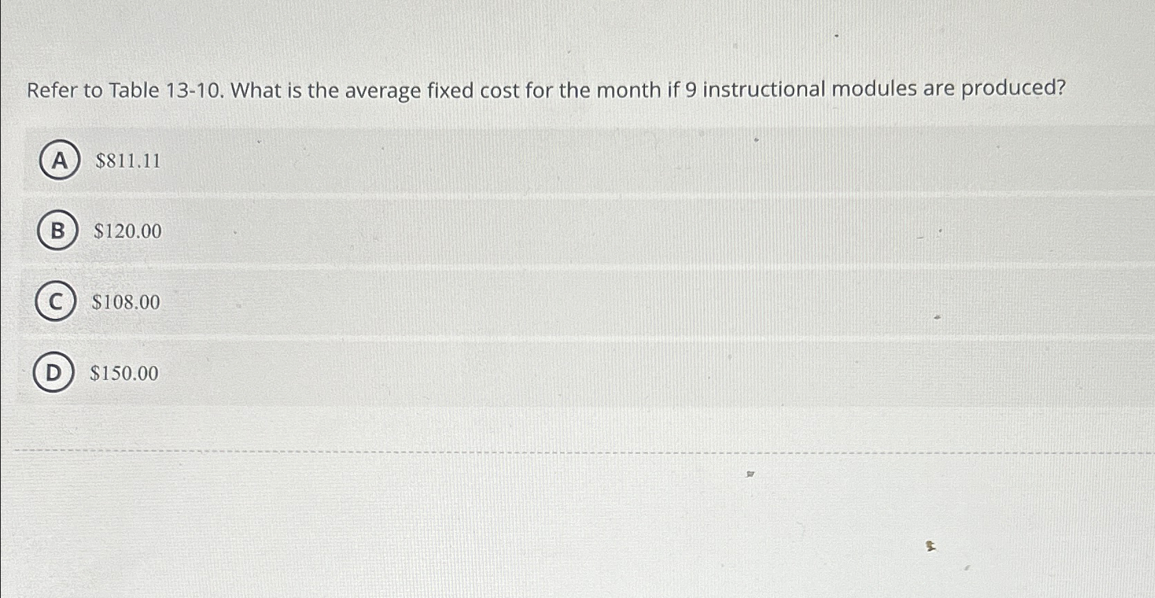 Solved Refer to Table 1310. ﻿What is the average fixed cost Chegg