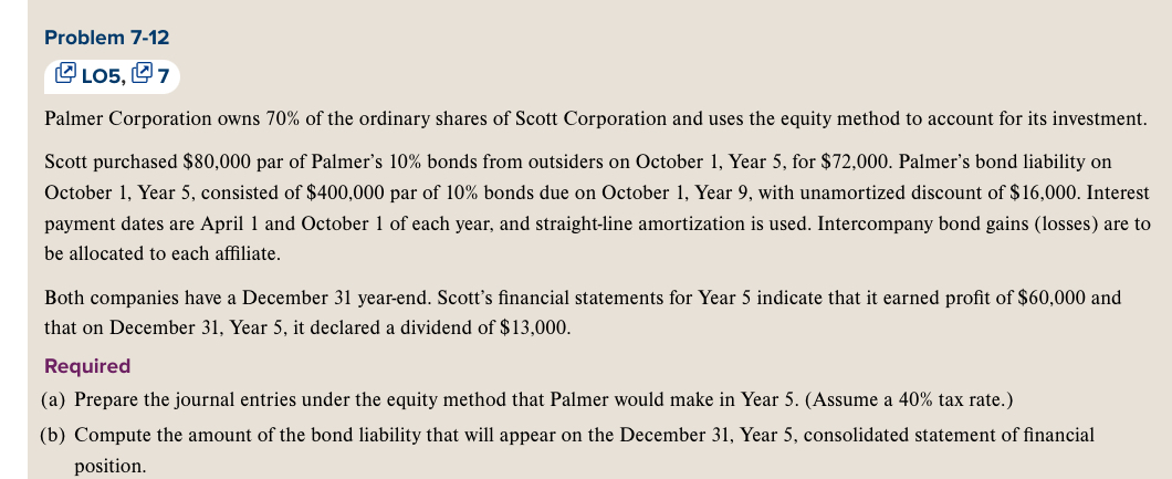 Solved Problem 7-12L05, 7Palmer Corporation owns 70% ﻿of the | Chegg.com