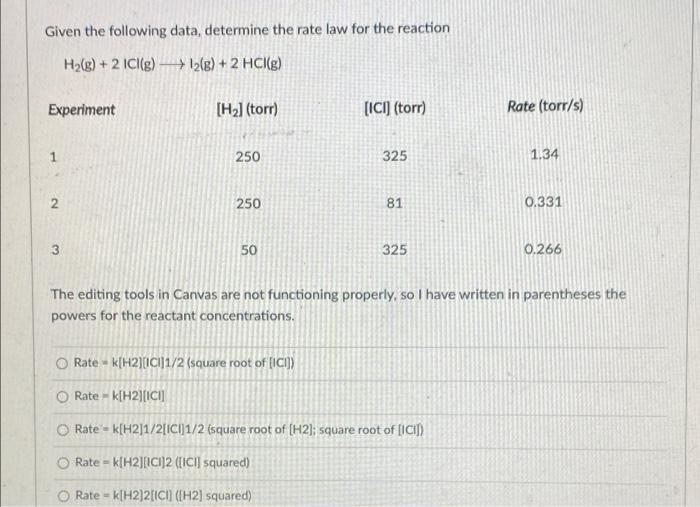 Solved Given the following data, determine the rate law for | Chegg.com